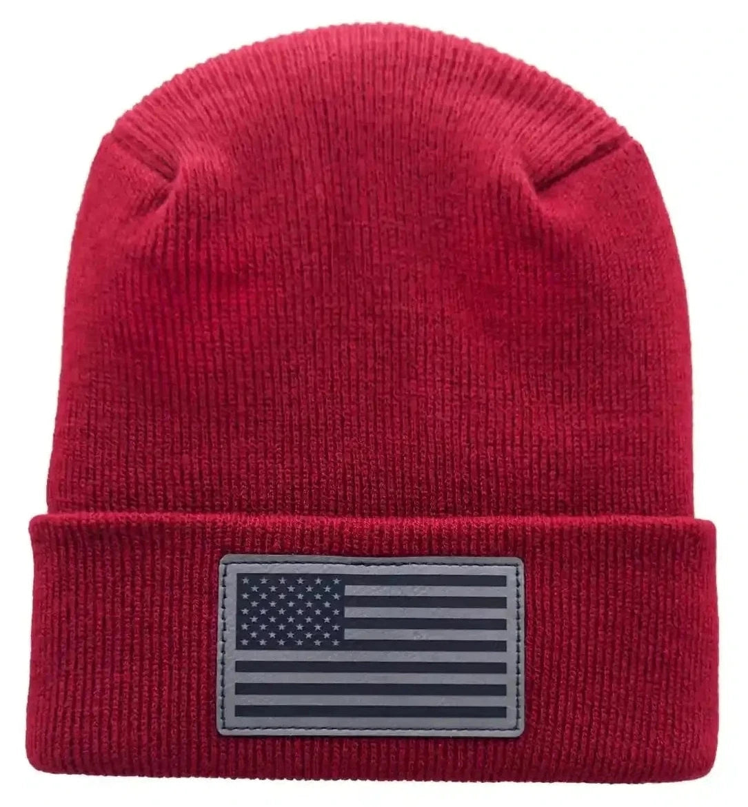 Red H-stitch beanie with rectangular American flag patch on cuff