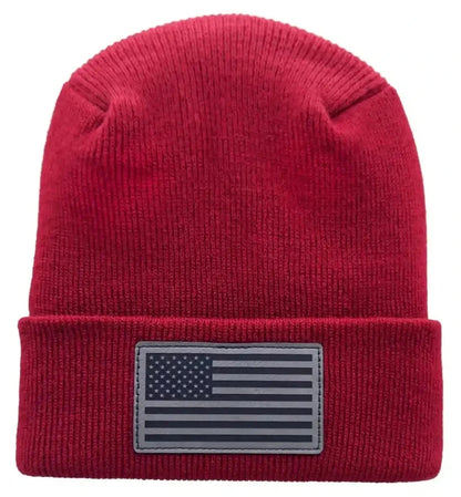 Red H-stitch beanie with rectangular American flag patch on cuff