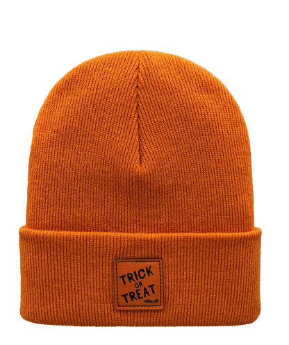 Orange Halloween beanie with orange logo patch on cuff