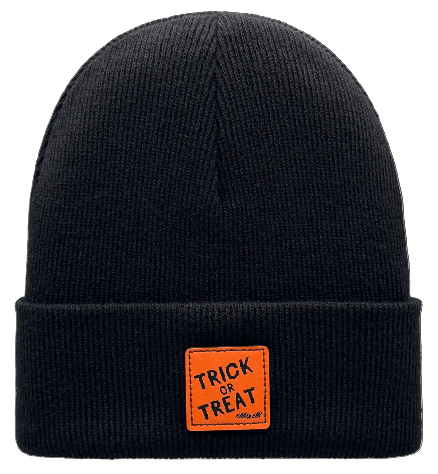 Black Halloween beanie with orange “TRICK OR TREAT” patch