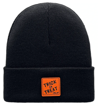 Black Halloween beanie with orange “TRICK OR TREAT” patch