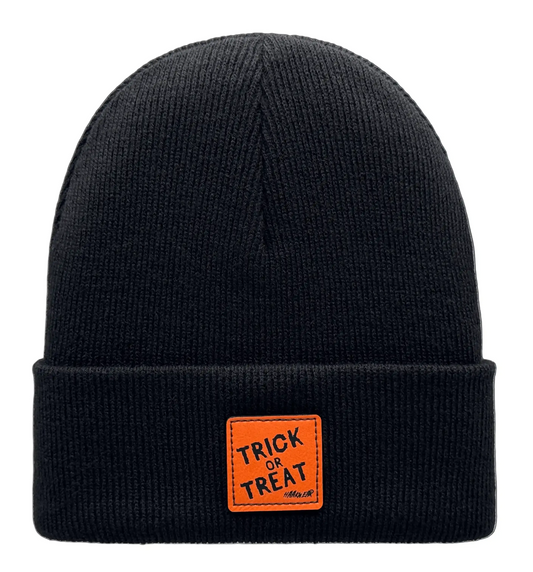 Halloween trick-or-treat beanie, dark with orange logo patch on cuff
