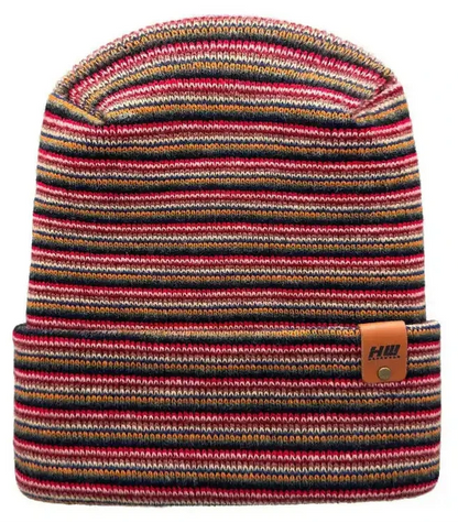 Multicolor striped knit beanie with folded cuff and H brand leather patch.