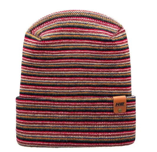 Multi-color striped knit beanie with brown logo patch