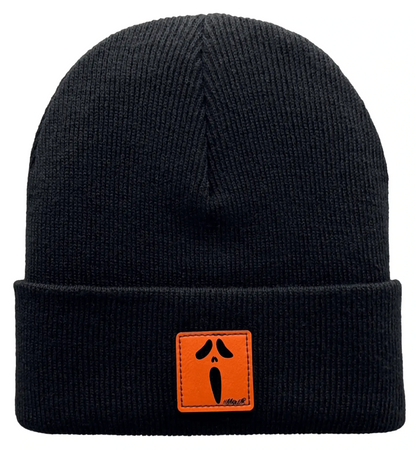 Black knit beanie with orange face patch