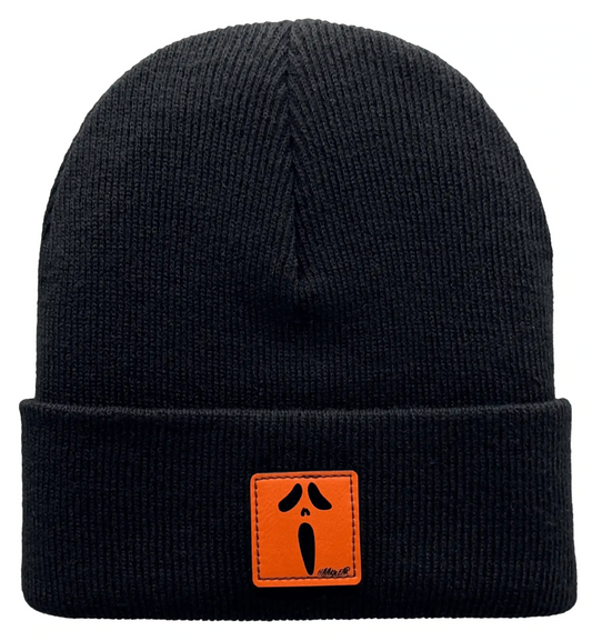 Black knit beanie with orange face patch