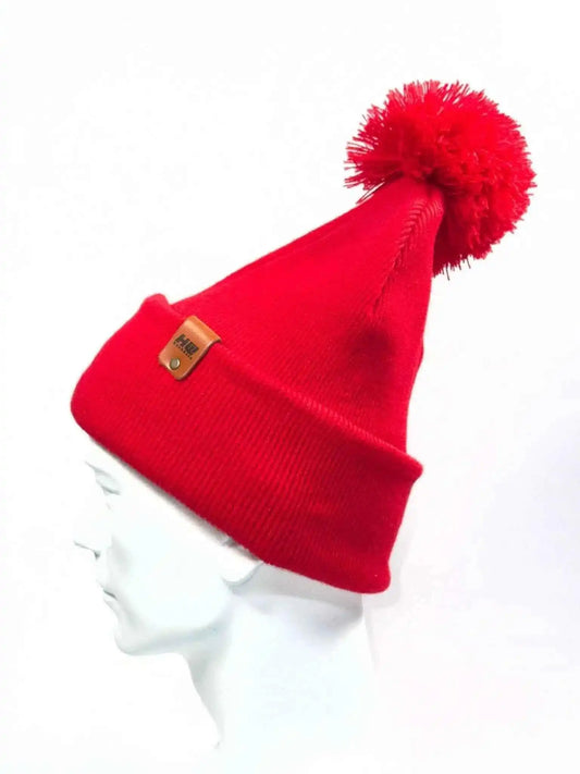 CPP1 HAAKWEAR PomPom Beanie - Made in USA - Scarlet Red - HAAKWEAR USA Beanie Classic Cuffed Pom Pom Beanie, Scarlet Red Haakwear
