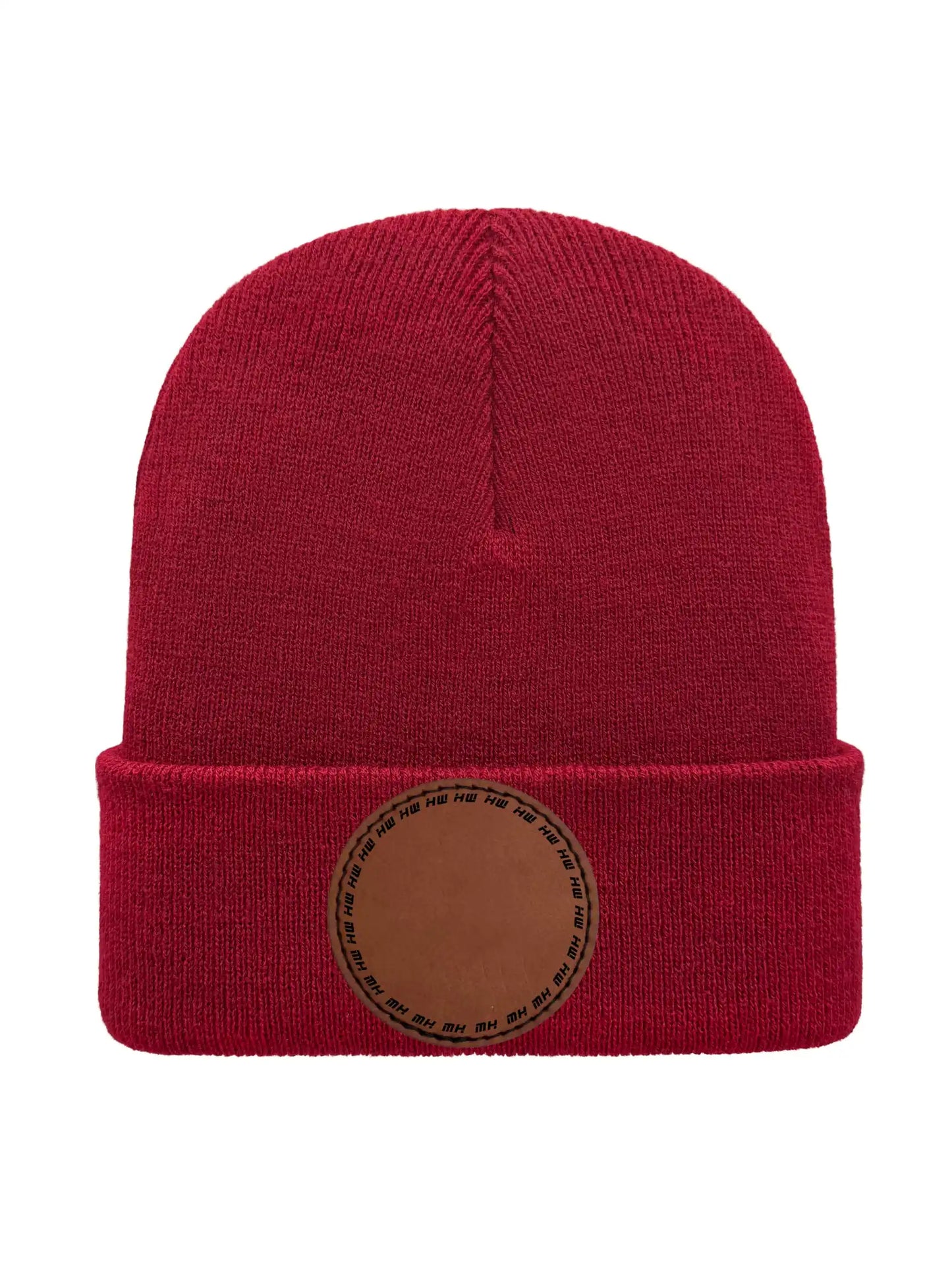 Maroon beanie with a brown leather patch on a white background Beanie Custom Traditional Beanie - Made in USA Haakwear