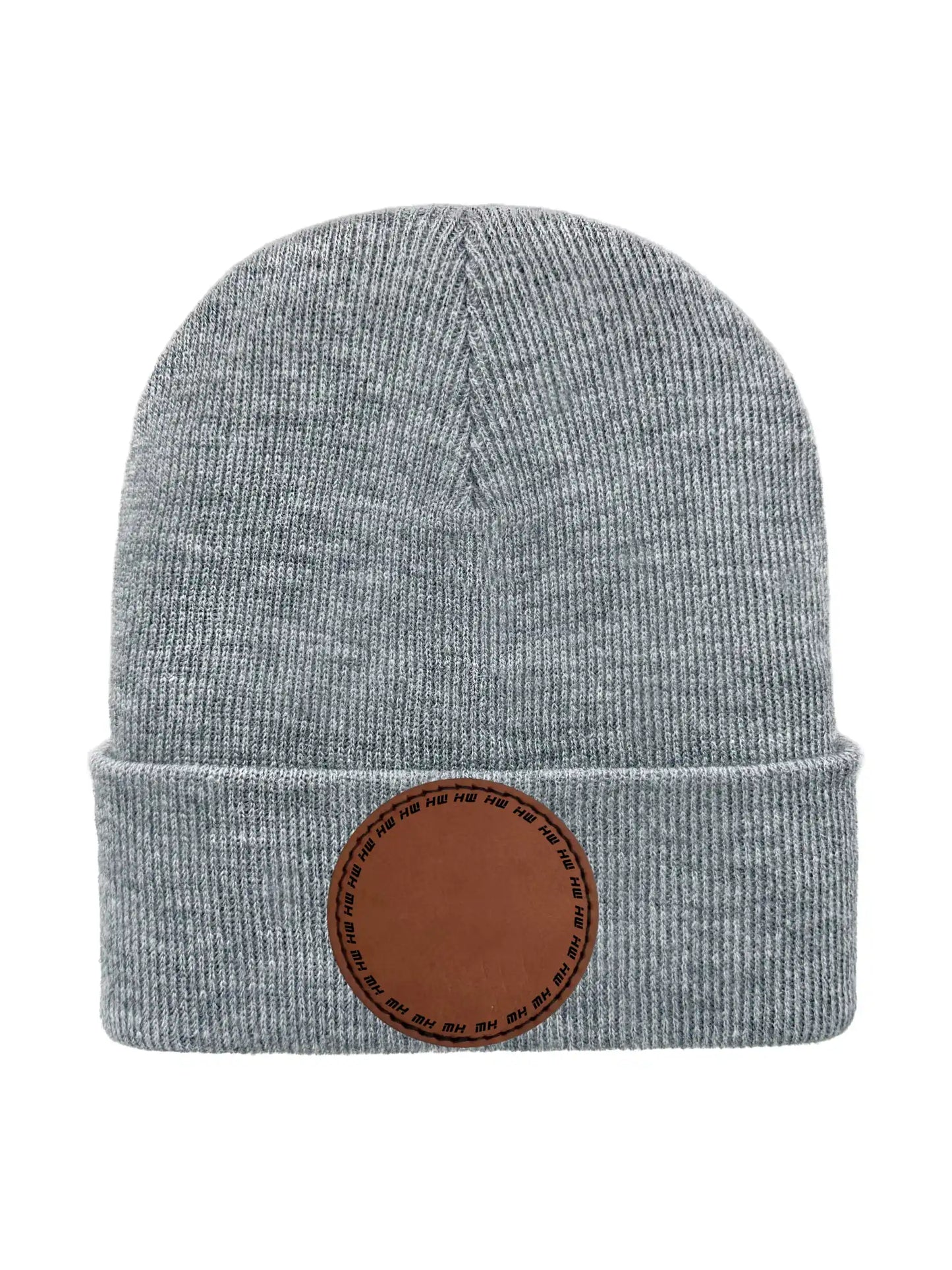 Gray beanie with a brown leather patch on a white background Beanie Custom Traditional Beanie - Made in USA Haakwear
