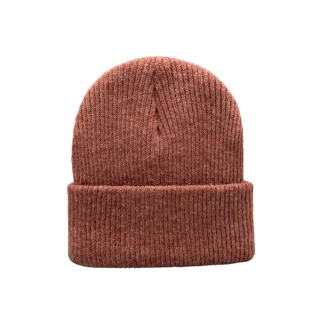 Solid brown knit kids beanie with folded cuff and ribbed knit texture