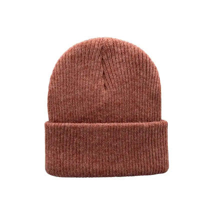 Solid brown knit kids beanie with folded cuff and ribbed knit texture