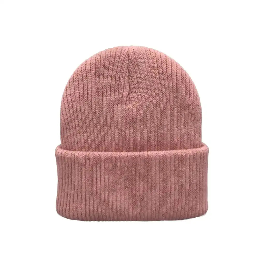 Solid pink knit kids beanie with folded cuff and ribbed knit texture