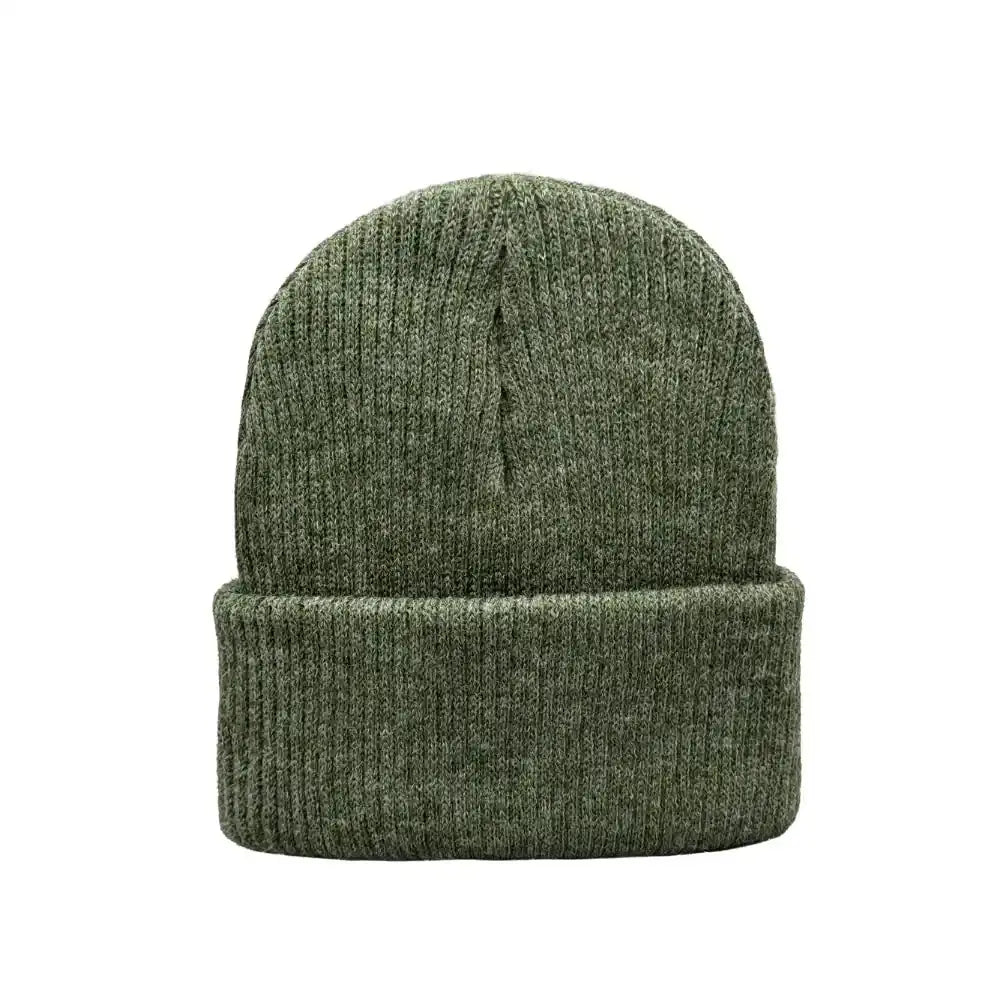 Solid green knit kids beanie with folded cuff and ribbed knit texture