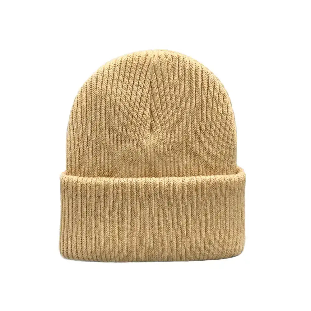Beige kids knit beanie with ribbed cuff, no logo
