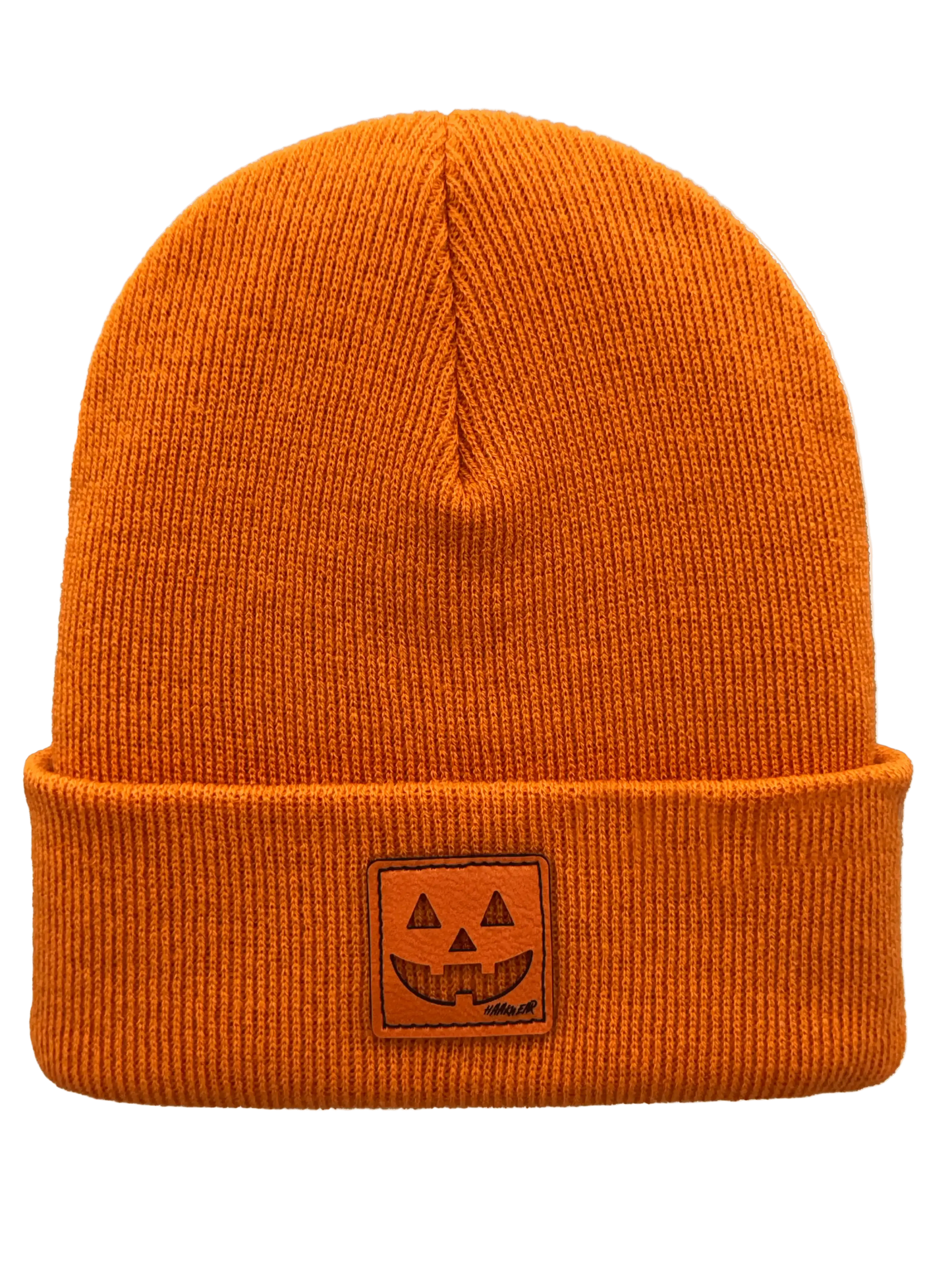 Orange knit Halloween beanie with jack-o-lantern emblem patch on the cuff