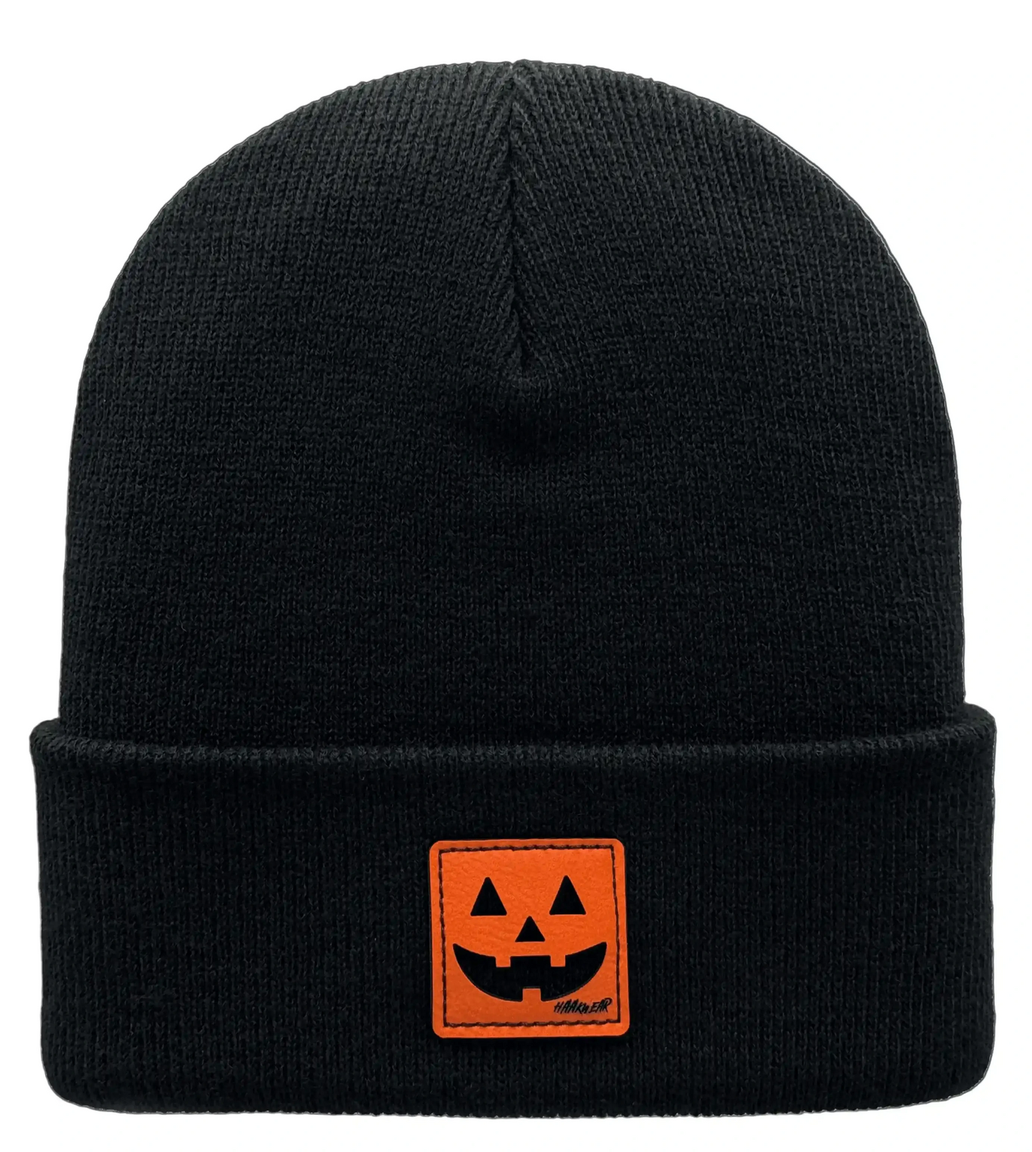 Black Halloween beanie with orange jack-o'-lantern patch and folded cuff