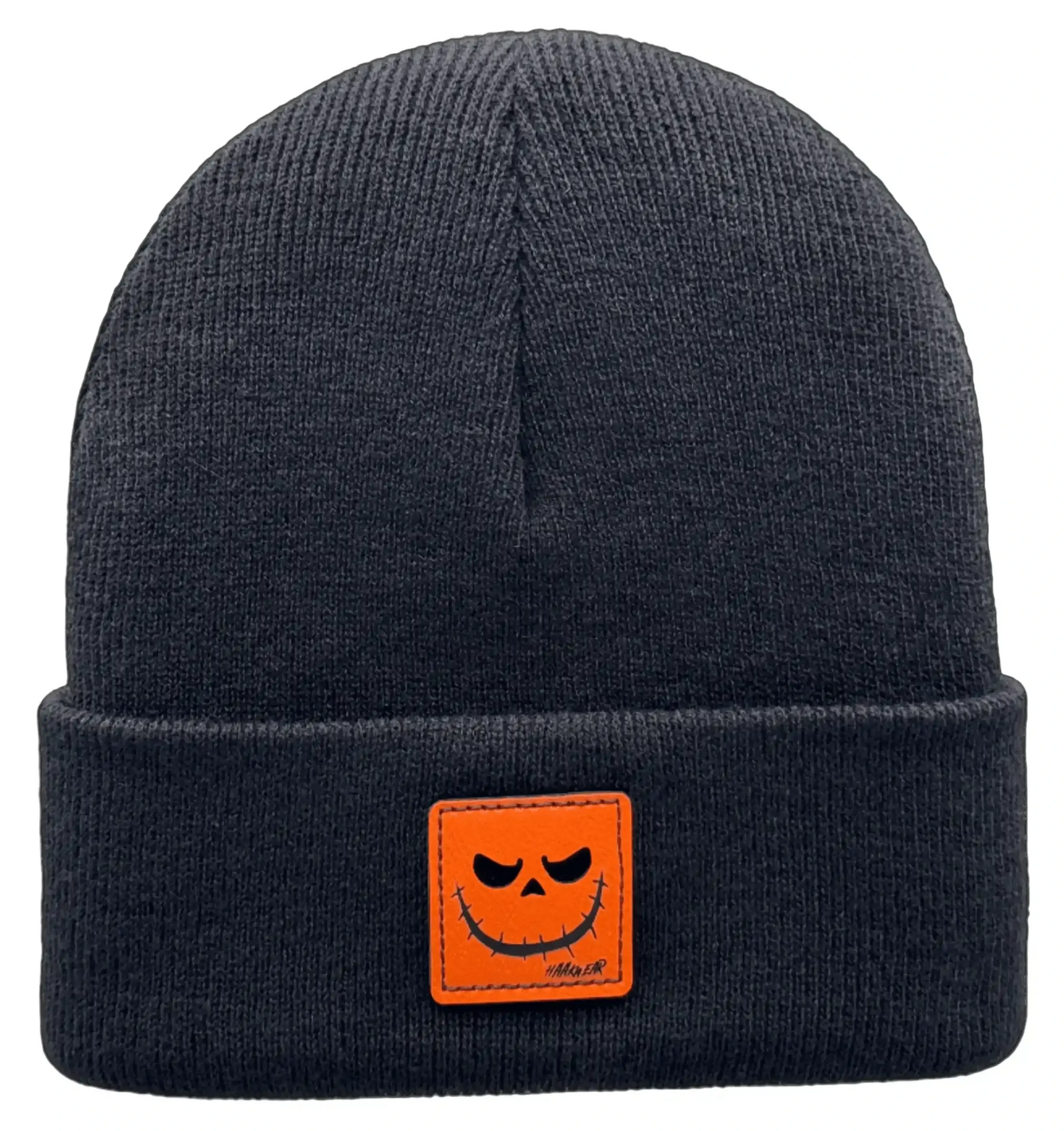 Dark knit beanie with orange Reaper grin patch front