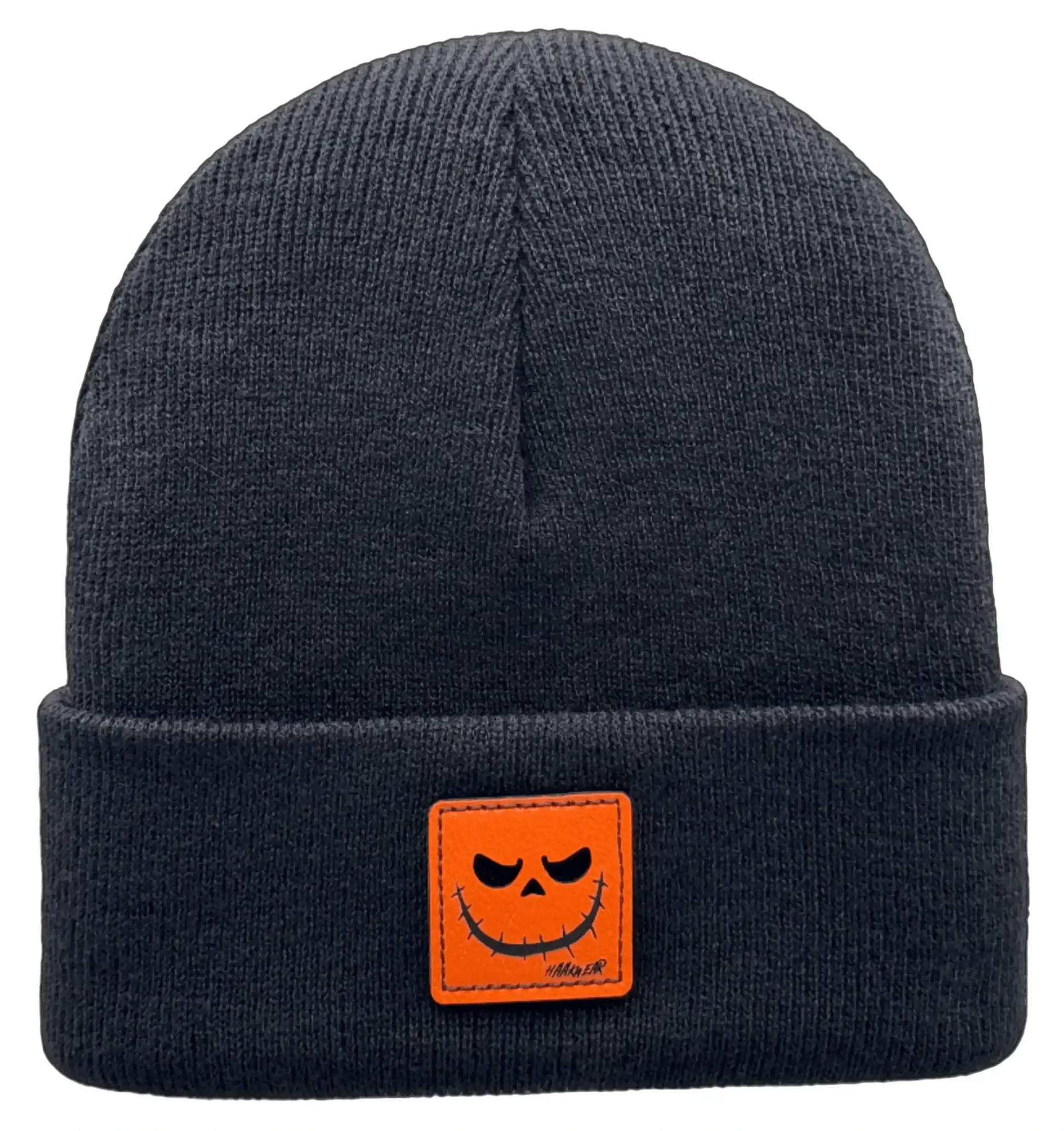 Dark knit beanie with orange Reaper grin patch front
