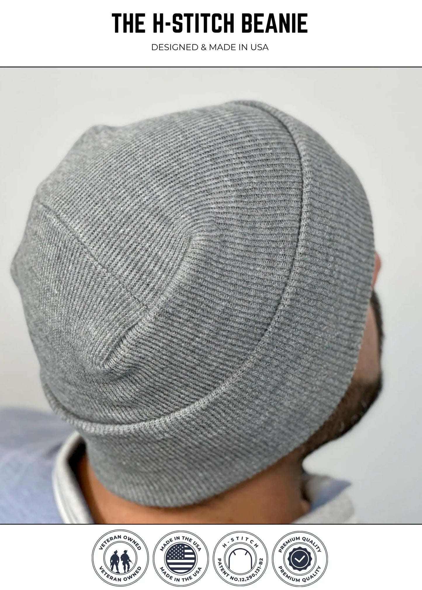 H-stitch beanie, heather gray knit cap with stitched crown and side seam