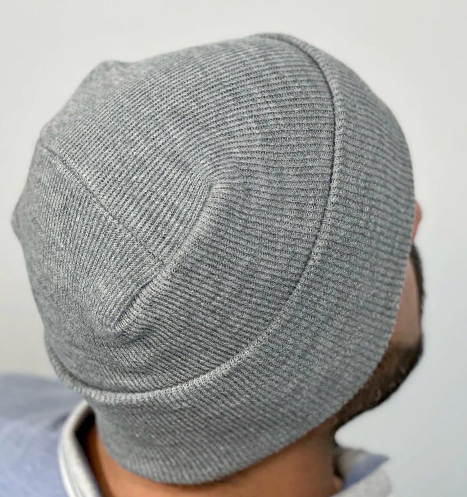 H-stitch beanie, heather gray knit cap with stitched crown and side seam