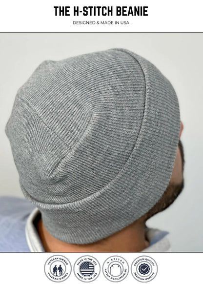 H-stitch beanie, heather gray knit cap with stitched crown and side seam
