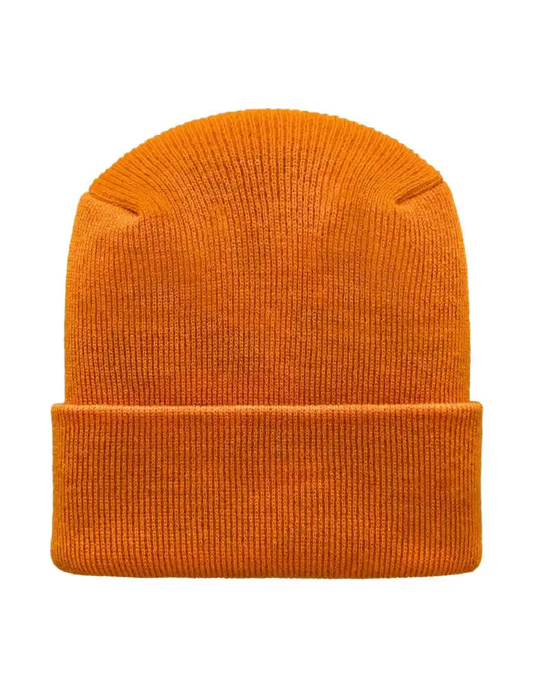 Orange knit beanie with folded cuff, ribbed texture