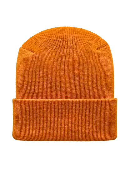 Orange knit beanie with folded cuff, ribbed texture