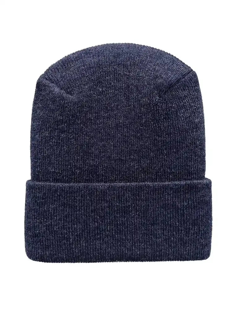 Sapphire blue knit beanie with folded cuff and smooth ribbed texture.