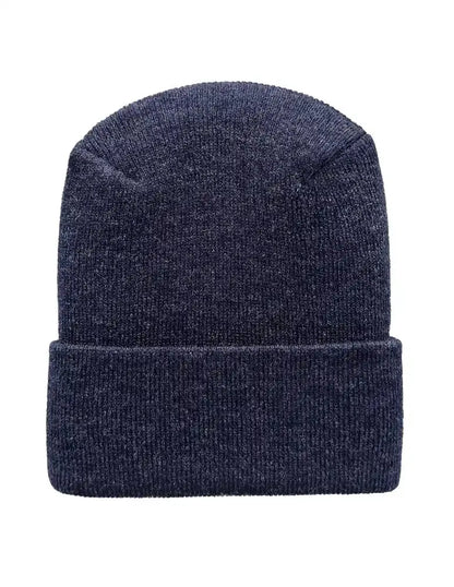 Sapphire blue knit beanie with folded cuff and smooth ribbed texture.