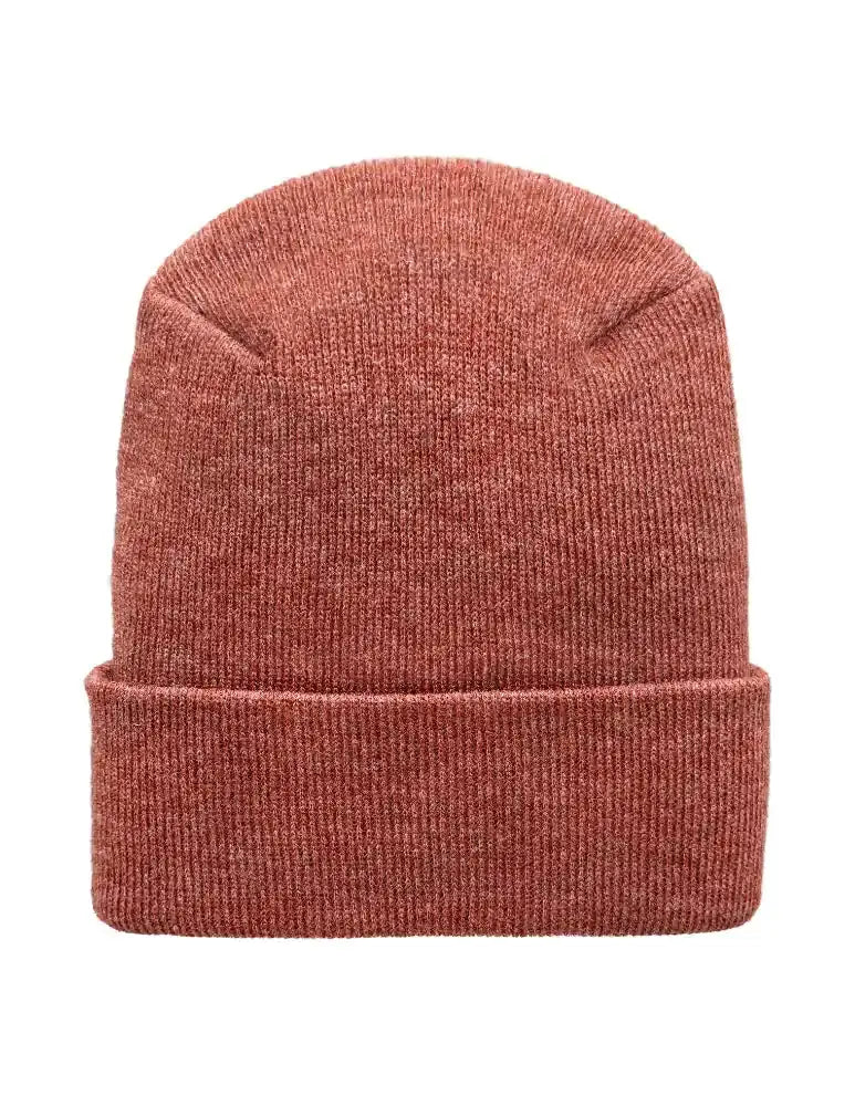 Rusty burgundy knit beanie with folded cuff and smooth ribbed texture.