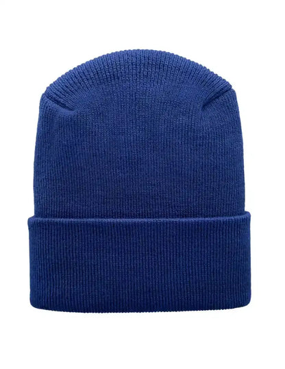 Denim blue knit beanie with folded cuff and smooth ribbed texture.