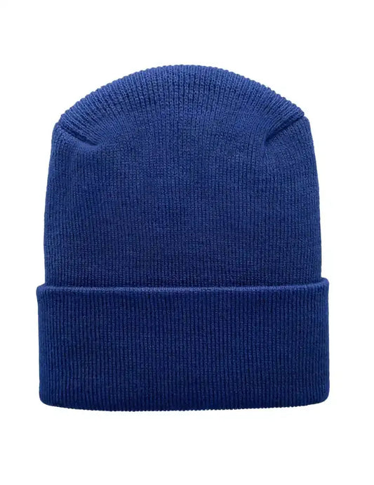 Denim blue knit beanie with folded cuff and smooth ribbed texture.