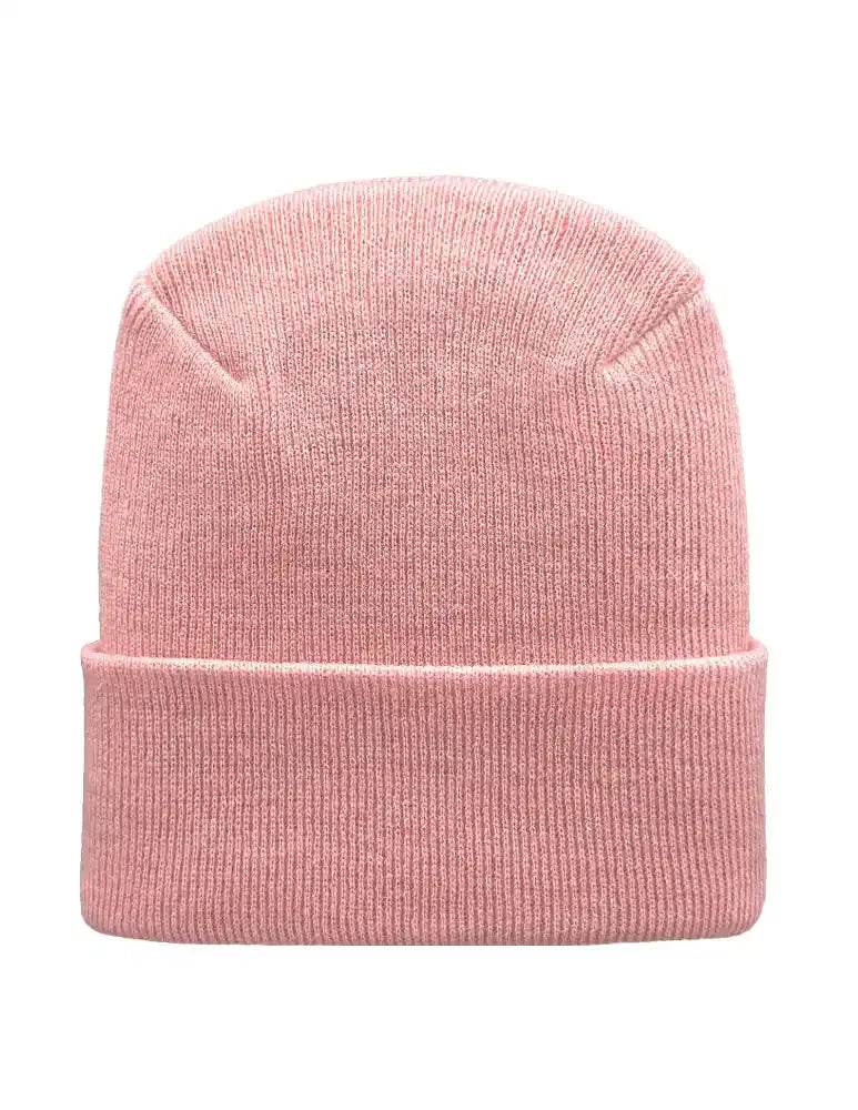 Pearl pink knit beanie with folded cuff and smooth ribbed texture.