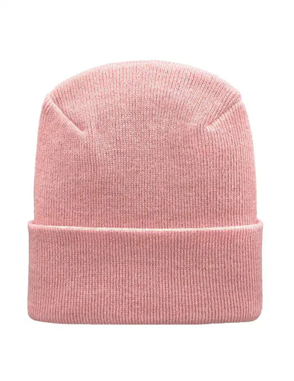 Pearl pink knit beanie with folded cuff and smooth ribbed texture.