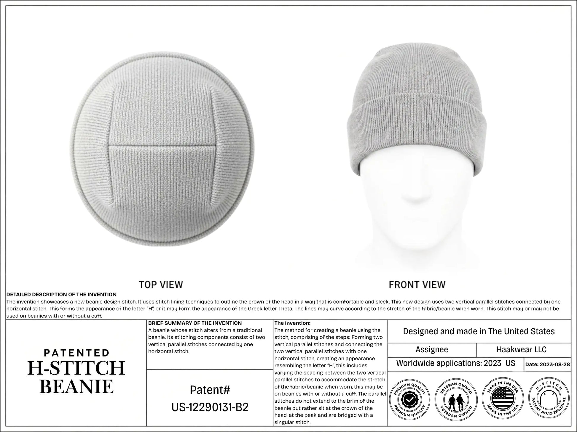 Haakwear H-stitch beanie, light gray knit watch cap with fold-up cuff