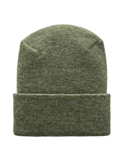 Forest green knit beanie with folded cuff and smooth ribbed texture.
