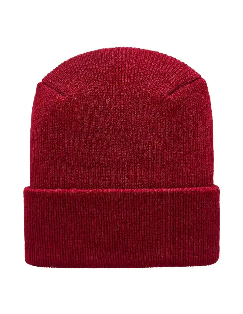 Rusty burgundy knit beanie with folded cuff and smooth ribbed texture.