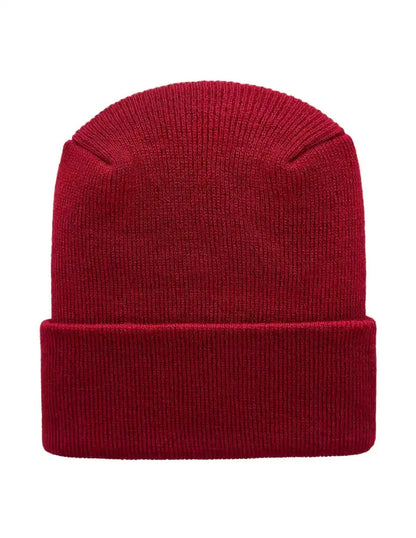 Rusty burgundy knit beanie with folded cuff and smooth ribbed texture.