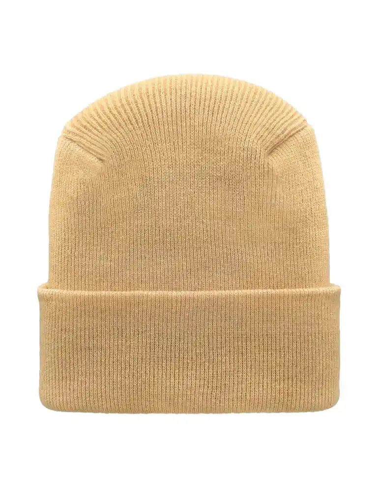 Dune beige knit beanie with folded cuff and smooth ribbed texture.
