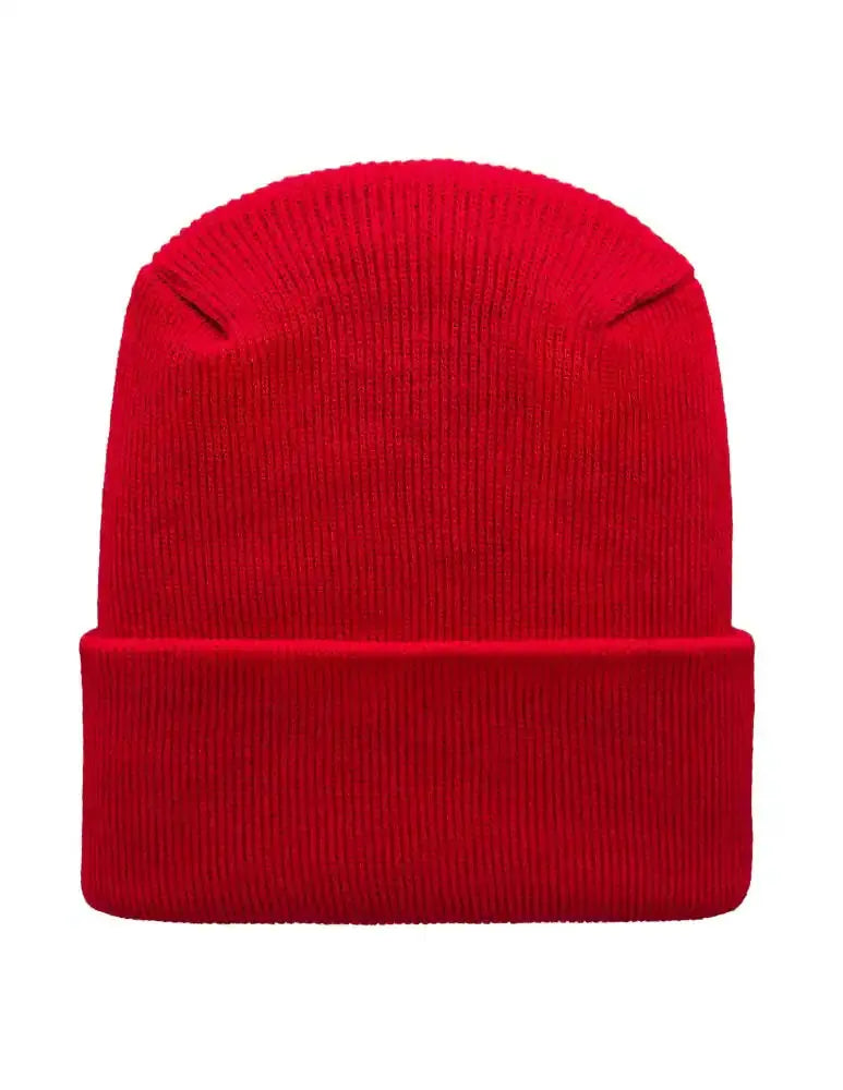 Scarlet red knit beanie with folded cuff and smooth ribbed texture.