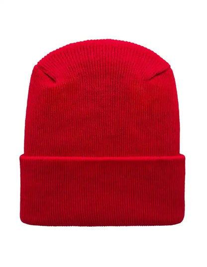 Scarlet red knit beanie with folded cuff and smooth ribbed texture.