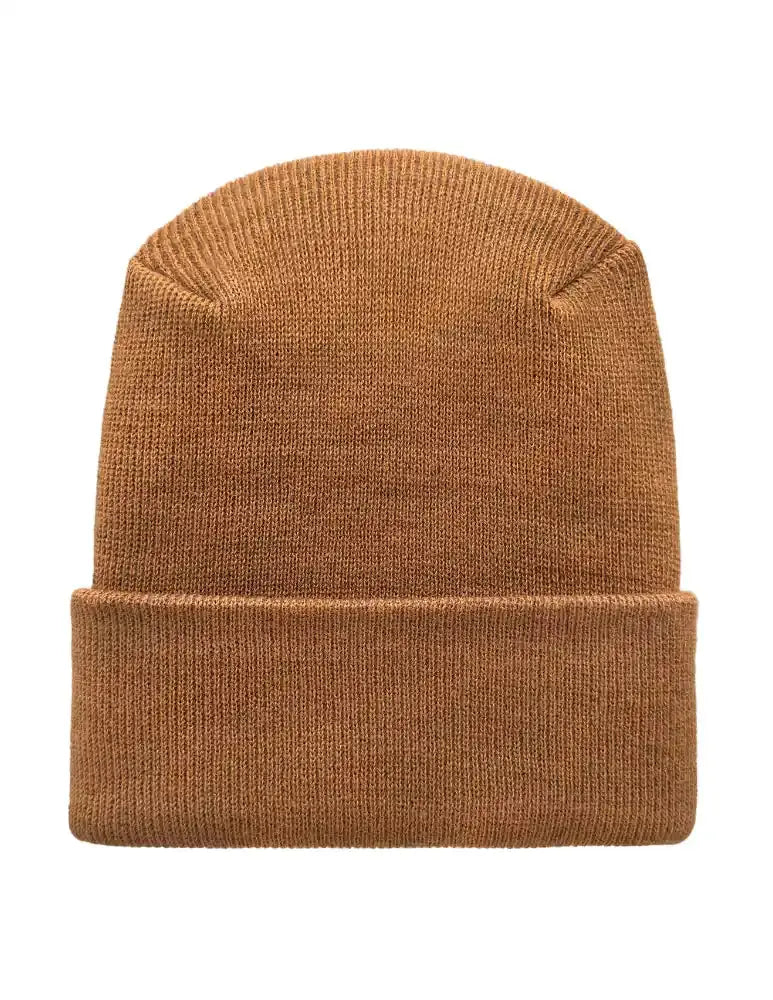 Camel brown knit beanie with folded cuff and smooth ribbed texture.