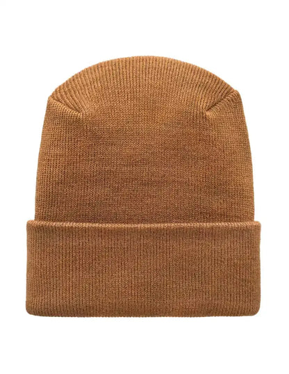 Camel brown knit beanie with folded cuff and smooth ribbed texture.