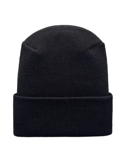 Black knit watch cap beanie with fold-up cuff