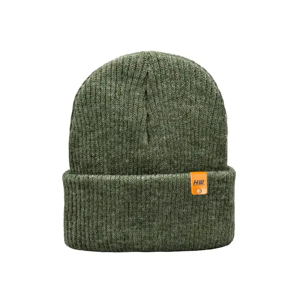 Kids knit beanie in dark green with ribbed cuff and small yellow logo patch
