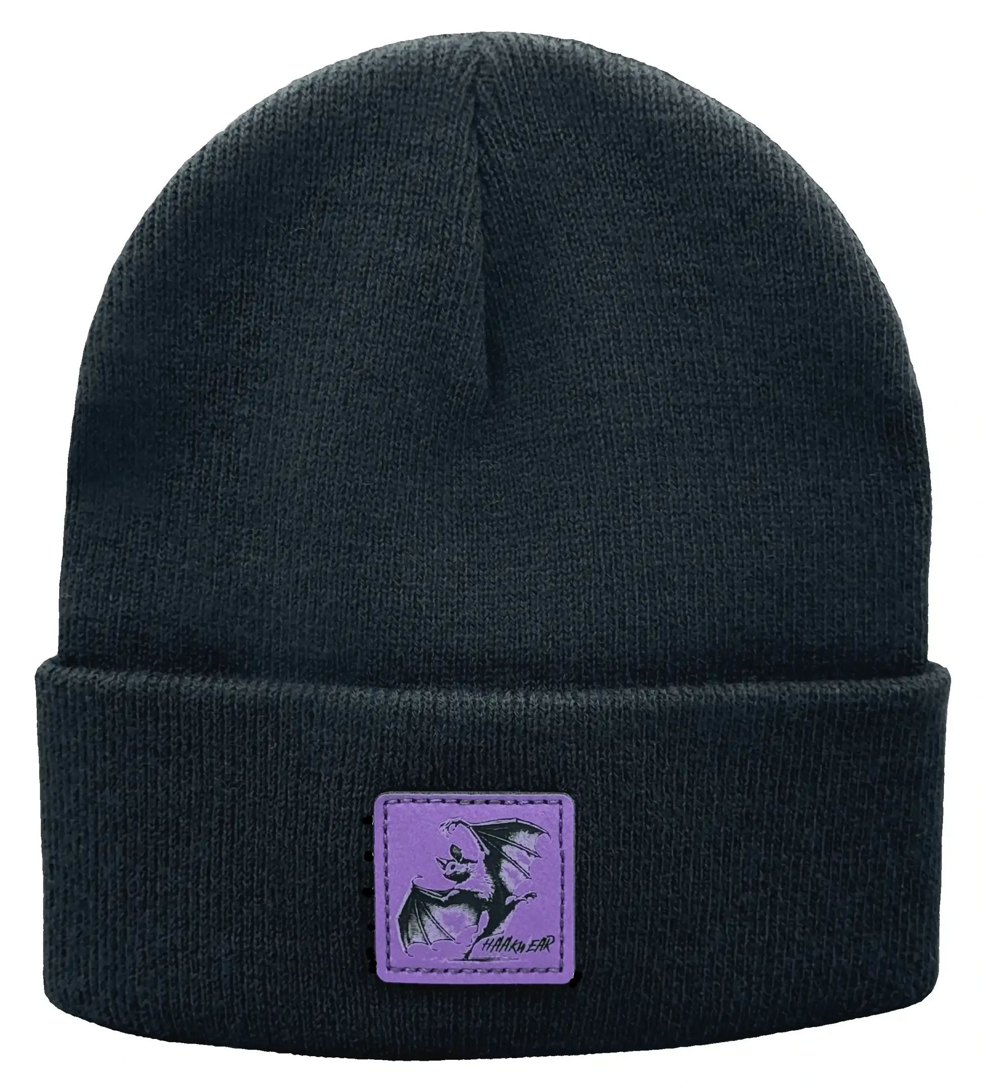 Dark knit beanie with purple rectangular wing logo patch at the cuff
