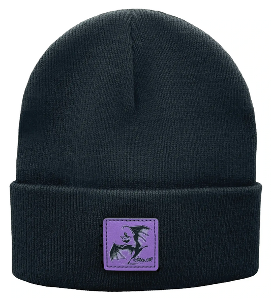 Dark knit beanie with purple rectangular wing logo patch at the cuff