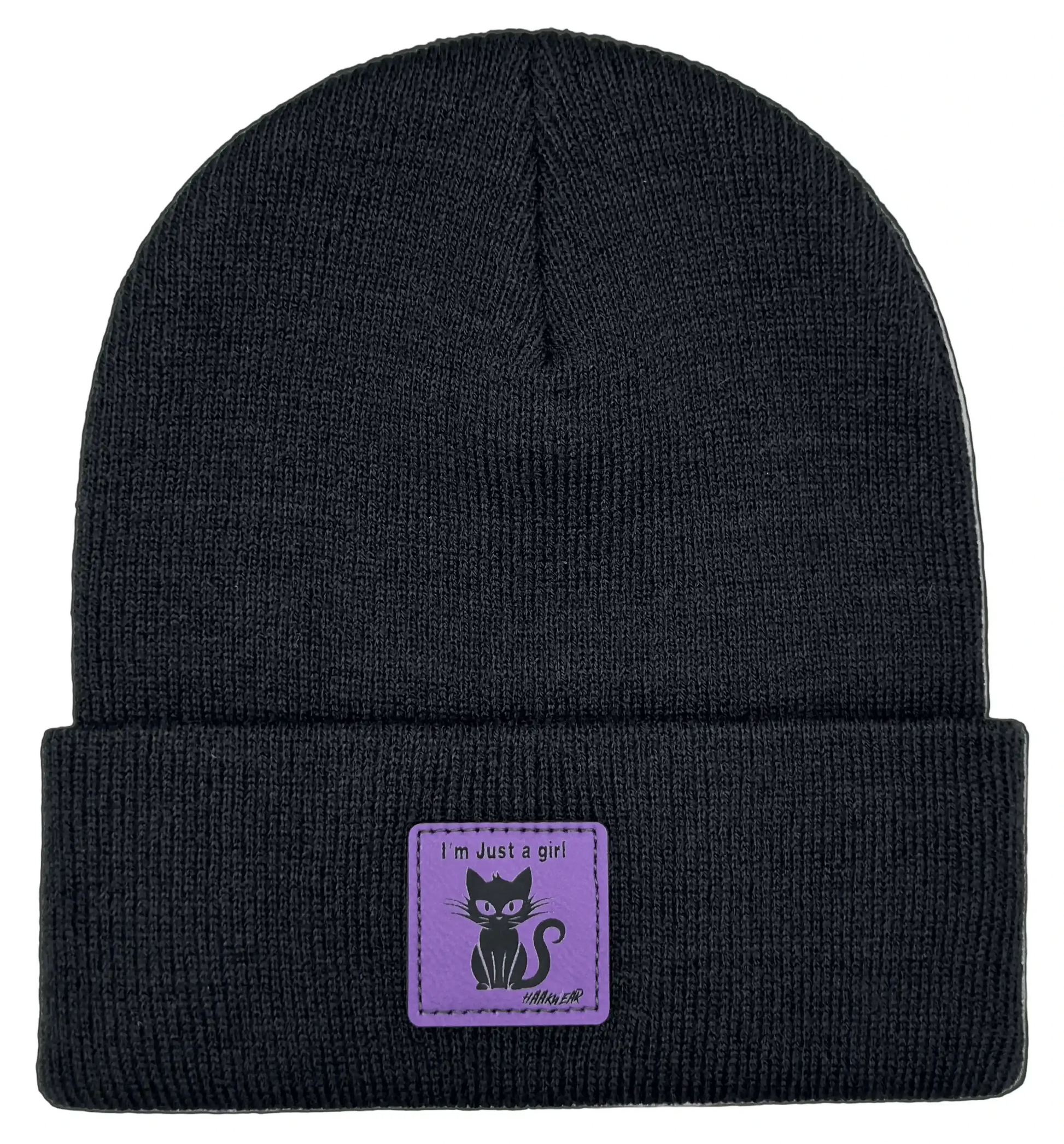 Black knit beanie with purple cat patch, “I'm Just a girl”