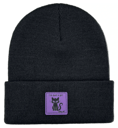 Black knit beanie with purple cat patch, “I'm Just a girl”