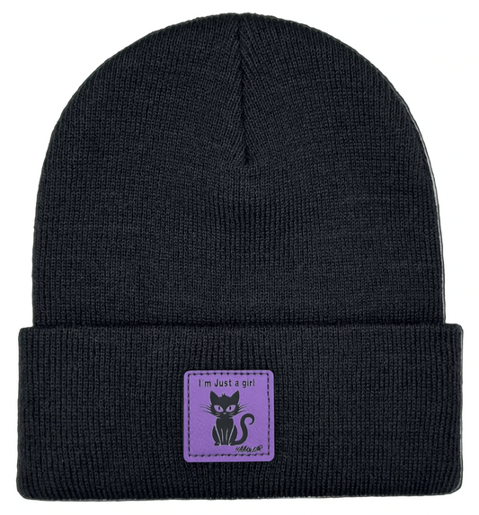 Black knit beanie with purple cat patch, “I'm Just a girl”